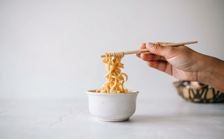 Female hand takes Chinese noodles with Chinese chopsticks from a paper bowl on a white backgroundの素材