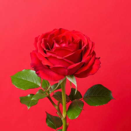 Flowers of beautiful blooming red rose isolated on red background.の素材