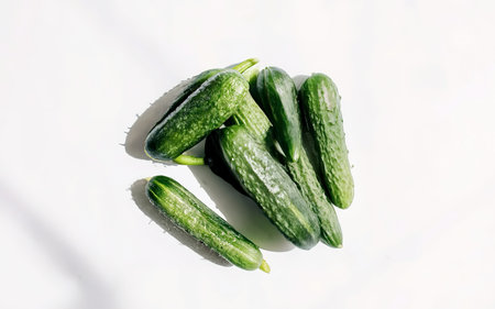 Fresh cucumbers on a white background. Top view, flat layの素材