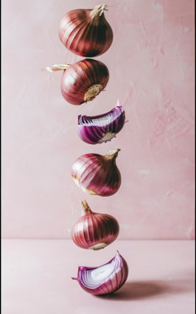 Fresh red onion bulbs falling on light coral backgroundの素材