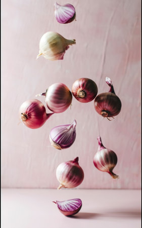 Fresh red onion bulbs falling on light coral backgroundの素材