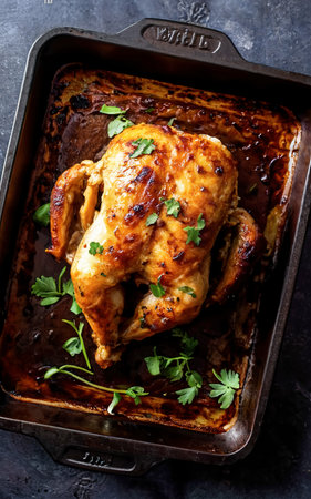 Fried chicken or turkey in a dark baking tray, top-down viewの素材