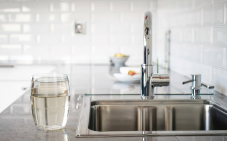 Glass of water stands on the countertop near the sink in the kitchenの素材