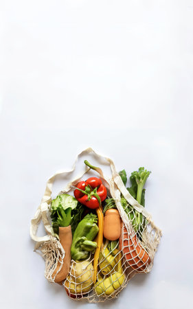 Fresh vegetables in a cloth bag on a white background. Top view, flat layの素材