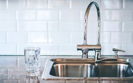 Glass of water stands on the countertop near the sink in the kitchenの素材