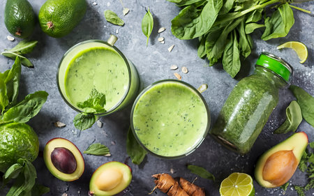 Green fruits and leafy vegetables smoothies in two glasses, green vitamin drink for detox and getting skinny dietの素材