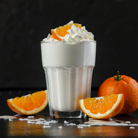 homemade sweet yogurt in a glass with oranges isolated on black backgroundの素材