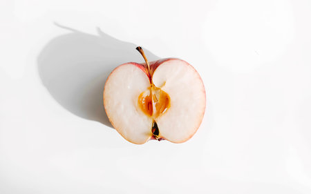 Half of a cut apple on a white background. Top view, flat layの素材