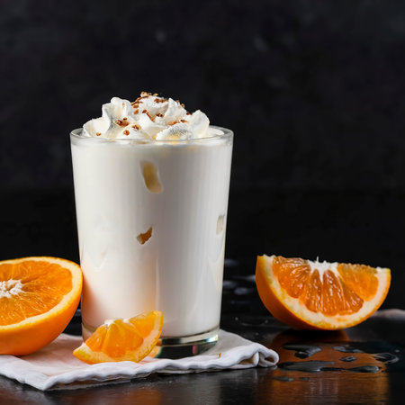 homemade sweet yogurt in a glass with oranges isolated on black backgroundの素材