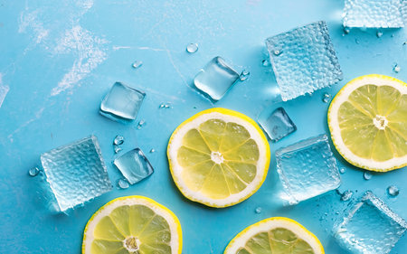 juicy fresh yellow lemon slices and ice cubes on a blue background.の素材