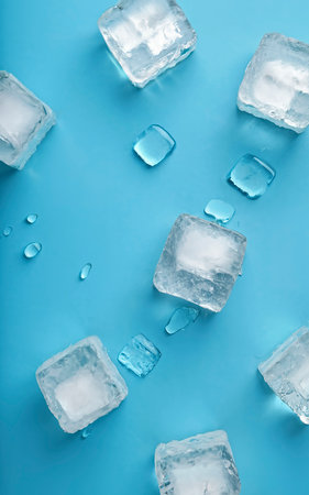 Many large ice cubes on a blue background. Top view, flat layの素材