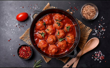 Meatballs in tomato sauce in a skillet on dark kitchen table with ingredients. Top view with copy space.の素材