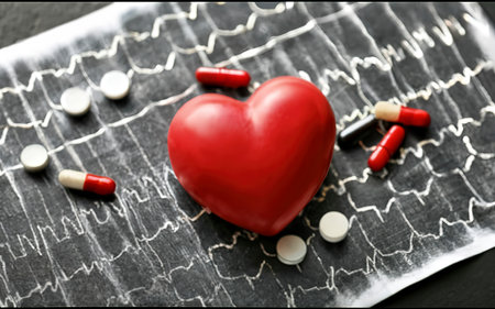 Red heart with pills on cardiogram. Cardiology conceptの素材
