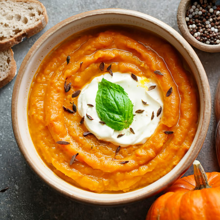 Pumpkin soup puree with cream in the craft bowl. Close up.の素材