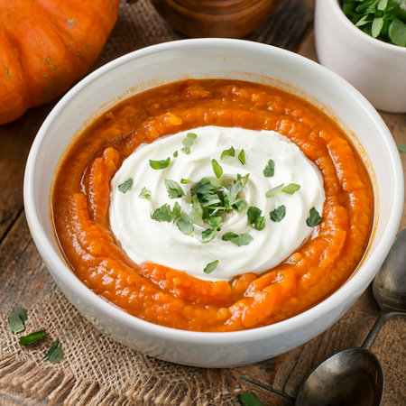 Pumpkin soup puree with cream in the craft bowl. Close up.の素材