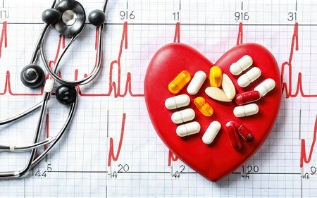 Red heart with pills on cardiogram. Cardiology conceptの素材