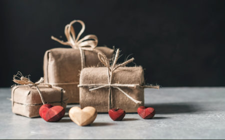 Romantic table setting with eco-friendly linen packaging gift with wooden heart decoration.の素材