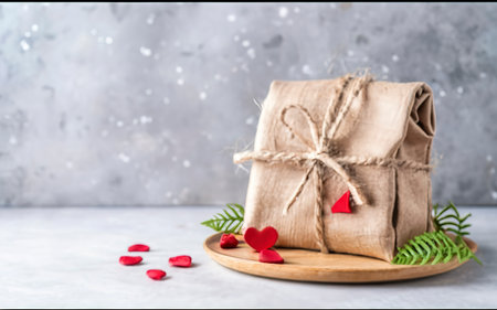 Romantic table setting with eco-friendly linen packaging gift with wooden heart decoration.の素材