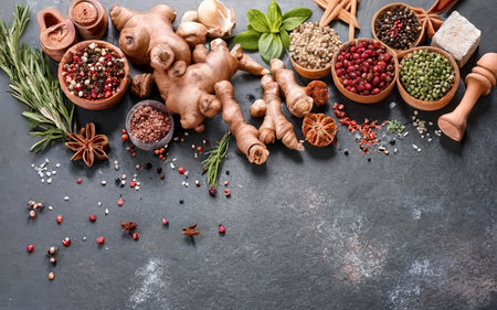 Spices, herbs and various other culinary ingredients backgroundの素材