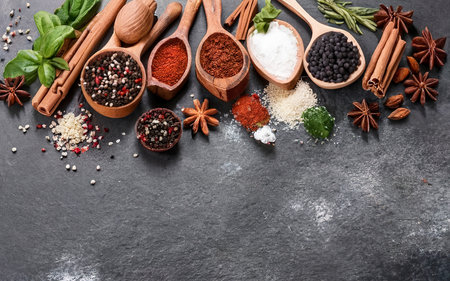 Spices, herbs and various other culinary ingredients backgroundの素材