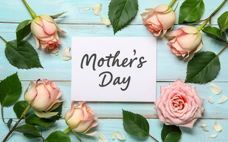 Top view of Happy mothers day greeting card and beautiful rosesの素材