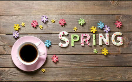 Top view of colorful stars falling out teacup and spring lettering on wooden table, springtime conceptの素材