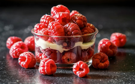 Studio shot of raspberries dessertの素材