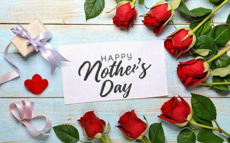 Top view of Happy mothers day greeting card and beautiful rosesの素材