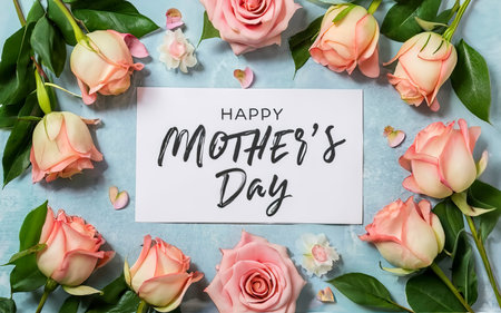 Top view of Happy mothers day greeting card and beautiful rosesの素材