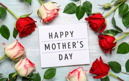 Top view of Happy mothers day greeting card and beautiful rosesの素材