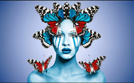 Trendy fashion magazine cover with a woman with butterflies on head and faceの素材
