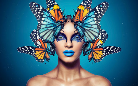 Trendy fashion magazine cover with a woman with butterflies on head and faceの素材