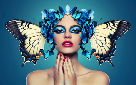 Trendy fashion magazine cover with a woman with butterflies on head and faceの素材