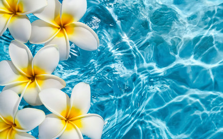 Plumeria flowers on a blue water background. Top view, flat layの素材