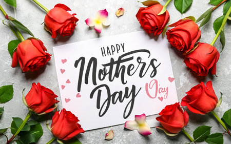 Top view of Happy mothers day greeting card and beautiful rosesの素材