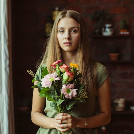 Portrait of young woman with flower bouquetの素材