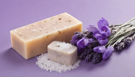 bar of natural soap, bath salt, dried lavender and crocusの素材