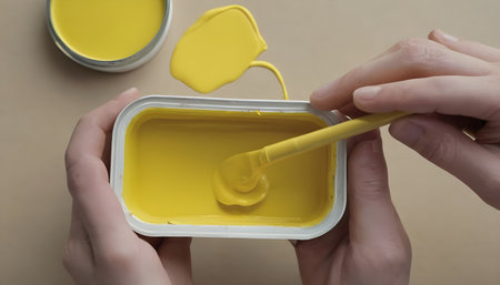 Close-up top view of open yellow gouache paint container in human handsの素材