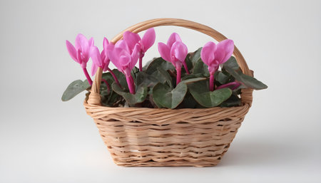 cyclamen persicum in a basket on white backgroundの素材