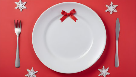 empty white plate with rims on red background for new year snacks, flat lay, christmas family dinner conceptの素材