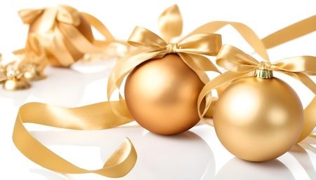 golden christmas decoration balls with satin ribbon, isolated on white backgroundの素材