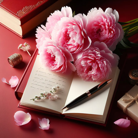 peony pink beautiful flower, book with a greeting card on a red backgroundの素材
