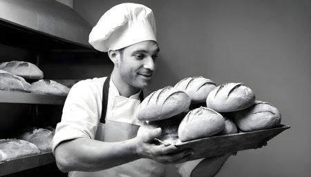 Male baker holding fresh baked bread in hands, black and white photoの素材