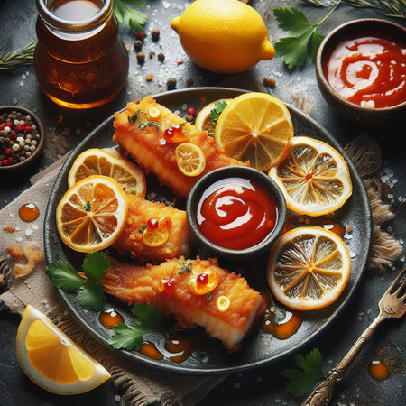pieces of fried fish with sauce and fried lemonの素材