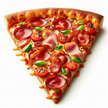 Single slice of pizza with pepperoni, bacon, ham isolated on white backgroundの素材