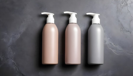 Spa cosmetics in plastic bottles on dark gray concrete table, bathroom interior.の素材
