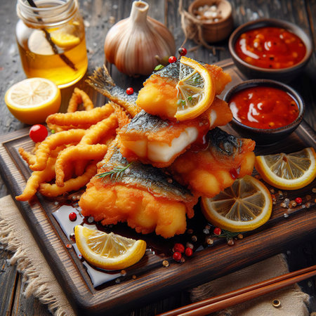 pieces of fried fish with sauce and fried lemonの素材