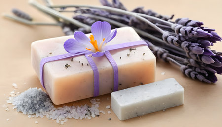 bar of natural soap, bath salt, dried lavender and crocusの素材