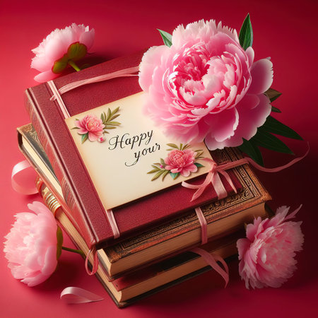 peony pink beautiful flower, book with a greeting card on a red backgroundの素材