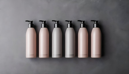 Spa cosmetics in plastic bottles on dark gray concrete table, bathroom interior.の素材